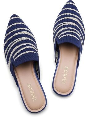 🆕 Women Blue Pointed Toe Flat Mules Striped Knit Mesh Slip On Loafer Shoes